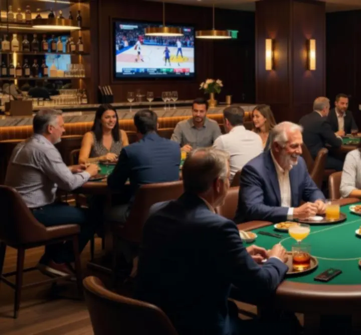 Goście bawiący się przy pokerowym stole w Card Table Bar podczas wieczornego wydarzenia
