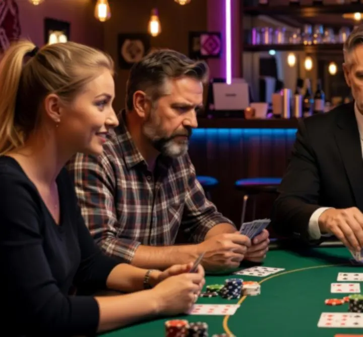 Profesjonalny dealer rozdający karty przy stole pokerowym w Card Table Bar