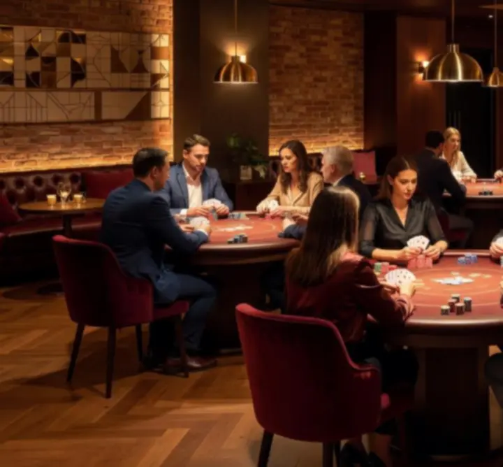 Poker Lounge w Card Table Bar z oświetlonymi stołami pokerowymi