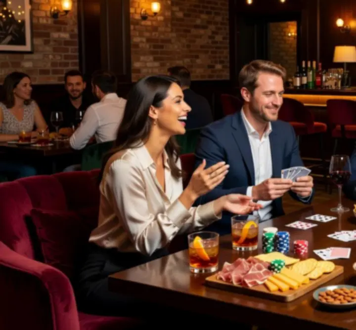 Goście Card Table Bar świętujący przy stolikach w strefie pokerowej i barowej